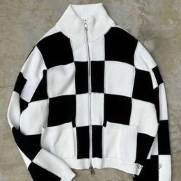 Cole Buxton Jacket Men's Jackets GYM Cole Buxton Sweater High Street 1 1 Black And White Checkerboard Bi-Directional Zipper Stand Neck Sweater Coat S-Xl 1110