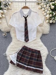 Work Dresses SINGREINY Plaid JK Uniform Erotic Suits Lingerie Female Short Sleeve Blouses Pleated Skirts Women Cosplay Sheer Sexy Sets