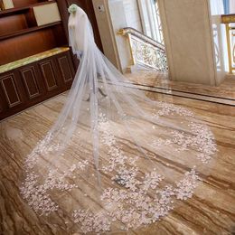 Veils Bridal Veils Stunning TwoLayer Luxury Lace Wedding Veil With Pink Flowers 4 Meters Long Comb