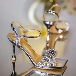 Dress Shoes Gold Silver High Heels Sandals Women 2024 Summer Square Toe Shiny Crystal Woman Ankle Straps Thin Heel Party Pumps