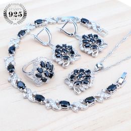 Necklaces Black Zircon Sier Jewelry Sets for Women Rings Pendant Earrings Wedding Jewelry Necklace Bridal Stones Bracelets Set