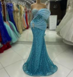 2024 Aso Ebi Sky Blue Mermaid Prom Dress Pearls Crystals Sequined Evening Formal Party Second Reception Birthday Engagement Gowns Dresses Robe De Soiree ZJ44