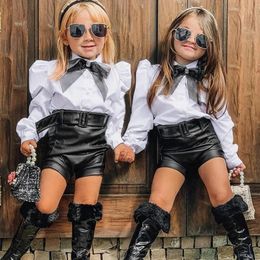 Baby Girls Fashion Outfits Toddler Kids Long Sleeve Bow Button Down T Shirt Tops PU Leather Shorts With Belt 2Pcs Set 1-5 Years 240115