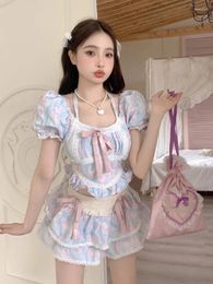 Work Dresses ADAgirl Kawaii Bow Puff Sleeve Shirt Tops Sweet High Waist Cake Skirt 2 Piece Sets Summer Y2k Slim Aesthetic Clothes For Women