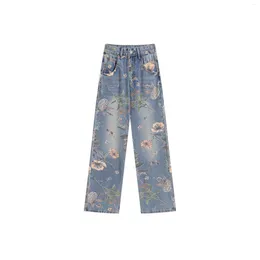 Women's Jeans Fashion Design Women Baggy Y2k Flower Print StreetwearCowboy Trousers High Waist Wide Leg Blue Denim Pants Clothes