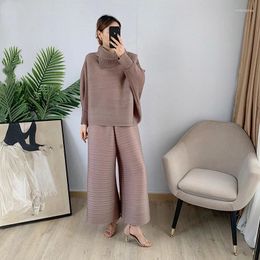 Women's Two Piece Pants Miyake Pleated Sets Women 2024 Autumn Lapel Bawing Sleeves Tops Wide Leg Two-piece Loose Large Size Casual Female