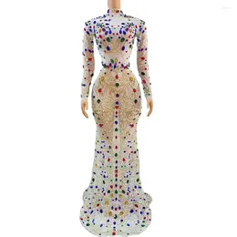 Stage Wear Sexy Multi-color Rhinestones Transparent Long Dress Birthday Celebrate Outfit Evening Women Dance Show Costume Poshoot