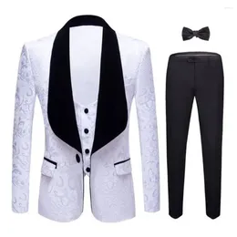 Men's Suits Men Slim Fit 3 Pieces White Pattern Black Shawl Lapel Costume Homme Groom Tuxedos Terno Wedding Blazer Pants Vest