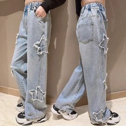 Girls Jeans Spring Paste Cloth Five-pointed Star Wide Leg Pants Kids Trendy Teenage Children's Trousers 8 10 12 Years 240113