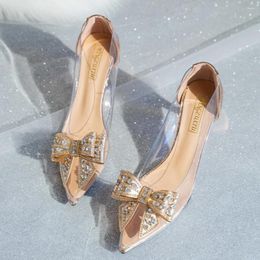 Dress Shoes Fashion High Heels For Women Spring/Autumn Pointed Thin Transparent Single Rhinestone Bow