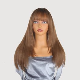Syntetisk peruk för kvinnor dagligen långt rakt hårbrun peruk med lugg fashionabla peruk hög temperatur silkhuvud täckning240115