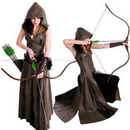Mediaeval Cosplay Fashion Women Anime Viking Renaissance Hooded Archer Come Leather Long Dress Sleeveless Masquerade 2022 New T2208283d