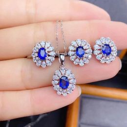 Necklaces Flower Lab Sapphire Jewelry Set Sterling Sier Promise Party Wedding Rings Earrings Necklace for Women Bridal Jewelry