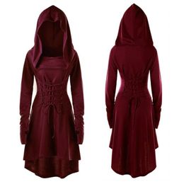 S-5XL Lady Hooded Dress Middle Ages Renaissance Halloween Archer Cosplay Costumes Vintage Mediaeval Bandage Party Vestido225c