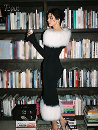 Luxurious Women's Evening Dresses Sexy One Shoulder Patchwork Fur Dress Elegant Long Sleeved Slim Ladies Gowns Mermaid Vestidos 240115