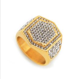 Iced Out Mens Ring Golden Colour 14k Yellow Gold Cubic Zirconia Bling Big Hexagon Rings For Men Rapper Hip Hop Jewellery