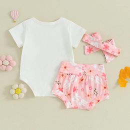 Clothing Sets Baby Girl Summer Outfits Letter Print Short Sleeve Rompers Flower Shorts Headband 3Pcs Clothes Set