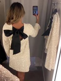 Casual Dresses Shining Sequin Evening Mini Women Bowknot Long Flare Sleeve Sexy Dress Female Elegant Holiday Party Night Lady Robe 2024