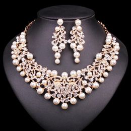 Necklaces Gold Colour Imitation Pearl Wedding Necklace Earrings Sets African Beads Bridal Jewellery Sets Party Costume Accessories for Women