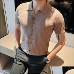 Men'S Polos Mens S Summer Knitted T-Shirt For Men Lapel Short Sleeve Shirts Single Breasted Casual Business Tshirts Slim Fit Cardigan Dhqey