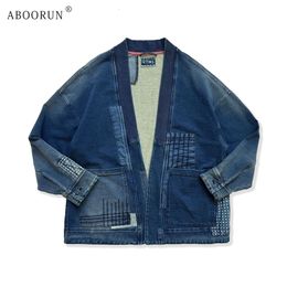 ABOORUN Men Retro Denim Jackets V Neck Patchwork Cardigan Coats Streetwear for Male 240113