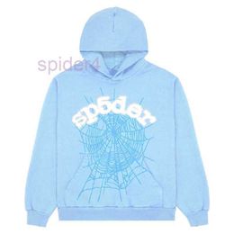 Sp5der 555555 Hoodies Mens Womens Angel Number Puff Pastry Printing Graphic Spider Web Sweatshirts Streetwear Top Clothing Light Blue 1ZZL