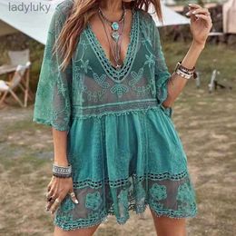 Swim Wear Swimsuits Woman 2023 Sexy Beach Cover Up V-neck Women Beach Tunic Dress Sarong Bikini Cover Up Crochet Top For Women BeachwearL240115