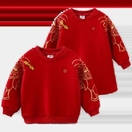 Winter 2 3-12 Years Embroidery Red Ethnic Thickening Traditional Chinese Year Style Sweatshirt For Kids Baby Boys Girls 240115