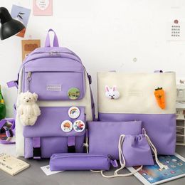 School Bags 2024Japanese Style Students Five-Piece Schoolbag Korean Preppy Large Capacity Backpack Canvas