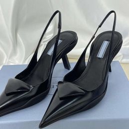 2024 famous brand sandals pointed toe high-heeled single shoes P triangle 3.5cm 7.5cm kitten heel women's wedding 35-40