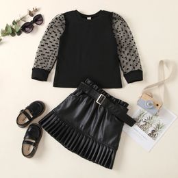 2-7Y Baby Girls Clothes Set Summer Fall Children Mesh Puff Sleeve Tops and PU Leather Pleated Skirt Fashion Kids Outfits 240115