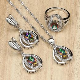 Necklaces Sier Jewelry Mystic Rainbow Fire Stones White Cz Jewelry Sets for Women Wedding Necklace/earrings/pendant/ring 3pcs