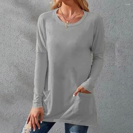 Women's Blouses Women Spring Fall Top Round Neck Loose Long Sleeve Pure Colour Pocket Mid Length Casual Soft Breathable Lady T-shirt