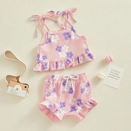 Clothing Sets Born Infant Baby Girl Summer Clothes Flower Ribbed Knit Sleeveless Ruffle Crop Top Bloomer Shorts Set Cute Outfit 2Pcs