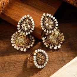 Necklace Earrings Set Boho Pearl Beaded Teardrop Earring Ring Women Vintage Golden Carved Bell Tassel Jewellery Tourism Souvenir