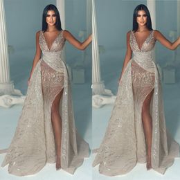 Classic Spaghetti Straps Mermaid Wedding Dresses Detachable Train Sequins Illusion Side Split Bridal Gowns Sleeveless Bride Dresses Custom Made