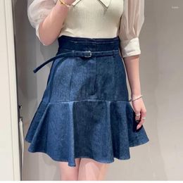 Skirts Kuzuwata Harajuku Solid Color Belt Mini Skirt Slim Fit Sweet Folds Falda Sexy Mujer 2024 Summer Kawaii Trendy A-line Denim Jupe