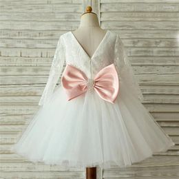 Girl Dresses White Baby Dress Long Sleeve Puffy Tulle Big Bow Tutu Infant Kid Clothes Children Birthday Party Gown