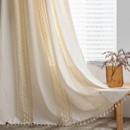 Boho Semi-Blackout Crochet Curtain Dots Cotton Linen Tassels Cream Window Treatment Panels for Bedroom Living Room Decor TJ8475 240115