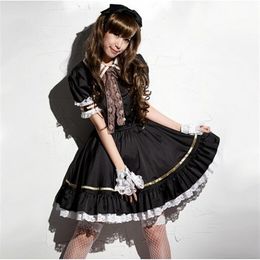 Shanghai Storey Japanese Sweet Maid Dress Cosplay Maid Costume cute Lolita Apron Dress Set Service Costume Black327T