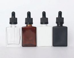 wholesale glass serum bottle dropper Pipette 30ml 1oz square flat clear white black amber green blue red for cosmetic essential ZZ