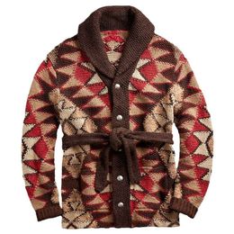 Men's Retro European And American Heavy Industry Jacquard Knitted Sweater With Tie Up Middle Length Thick Sweater Jacket