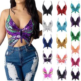 Women's Tanks Summer Sequined Bandage Butterfly Crop Top Sexy Beach Holiday Boho Camisas Elegant Womens Lace Up Tank T Shirt Backless Vest