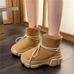 Boots Winter Warm Thick Sole Ankle Women Fashion Lace Up Solid Color Waterproof Plush Cotton Shoes Zapatos