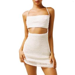 Casual Dresses Women Solid Colour Crochet Knitted Dress Hollow Out Sleeveless Spagetti Straps Mini Cutout Summer Beachwear Y2K Streetwear