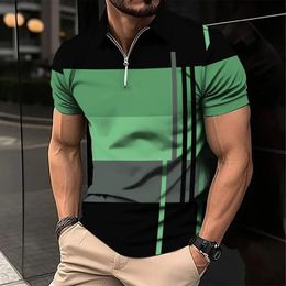 Men's Zip Polo Shirt 3d Stripe Print Fashion Clothing Summer Business Casual TShirt Mens Short Sleeve Street Top 240115