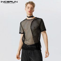 Men's T Shirts INCERUN Tops 2024 American Style Size See-through Mesh Patchwork T-shirts Casual Stylish Thin Short Sleeved Camiseta S-5XL