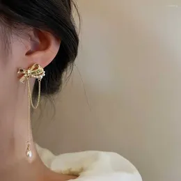 Dangle Earrings Elegant Girl Feelings Glittering Pendant Long Gold Colour Pearl Bow Gentle Temperament Tassel For Women Korean Fashion