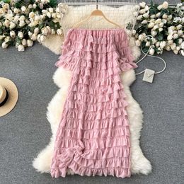 Casual Dresses Fashion Off Shoulder Cake Dress Women Temperament Chic Ruffle Layered Gown Slim Sweet Solid Colour Party