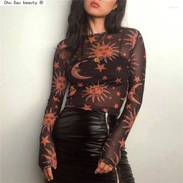 Women's T Shirts Fashion Sexy Chic Transparent Mesh Sun Moon Printed T-Shirt Women O-Neck Long Sleeve Slim Tees Casual Female Tops